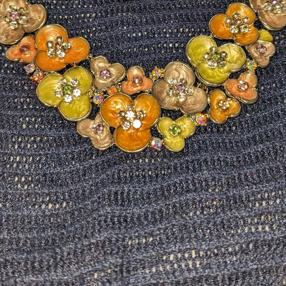 New York & Company Chunky Metal Bib Necklace with Rhinestones and Flowers - Picture 4 of 7
